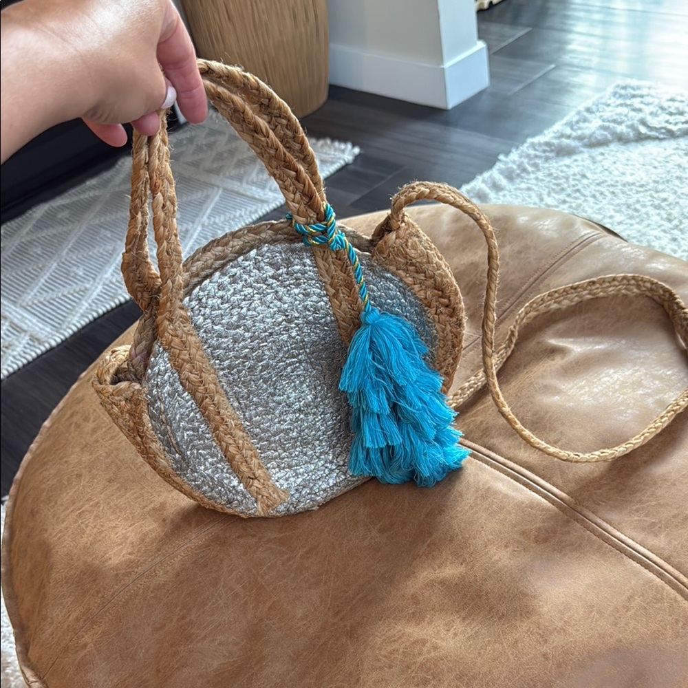 Handcrafted Straw and Silver Bag with Blue Tassel from Spain